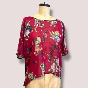 BETSEY JOHNSON Y2K Semi-Sheer Blouse Kittens Cherries Black Lace Vintage Whimsy